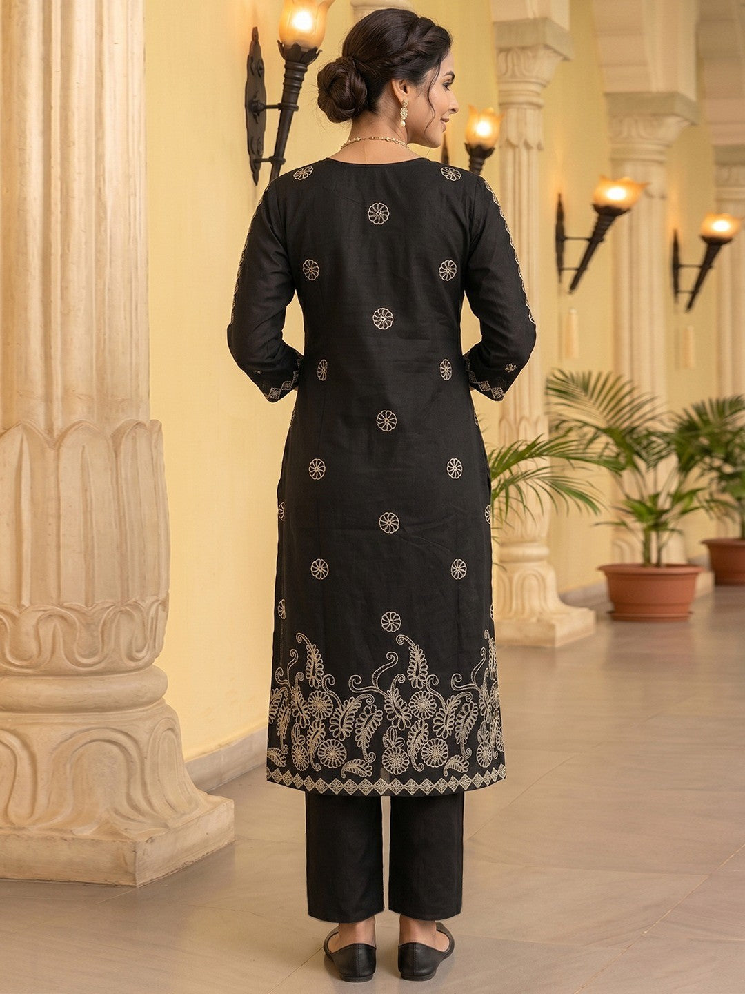 Elegant Black Pure Cotton Embroidered Straight Cut Salwar Suit Set - Image 3