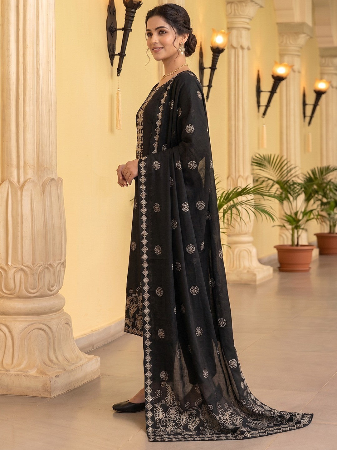 Elegant Black Pure Cotton Embroidered Straight Cut Salwar Suit Set - Image 4