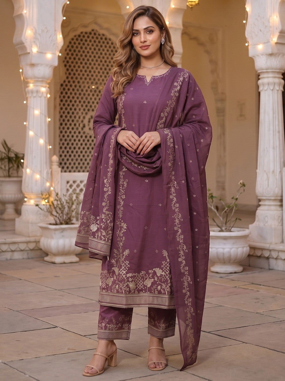 Wine Embroidered Pure Cotton Straight Cut Salwar Suit Set Festive Ethnic Wear - Image 1