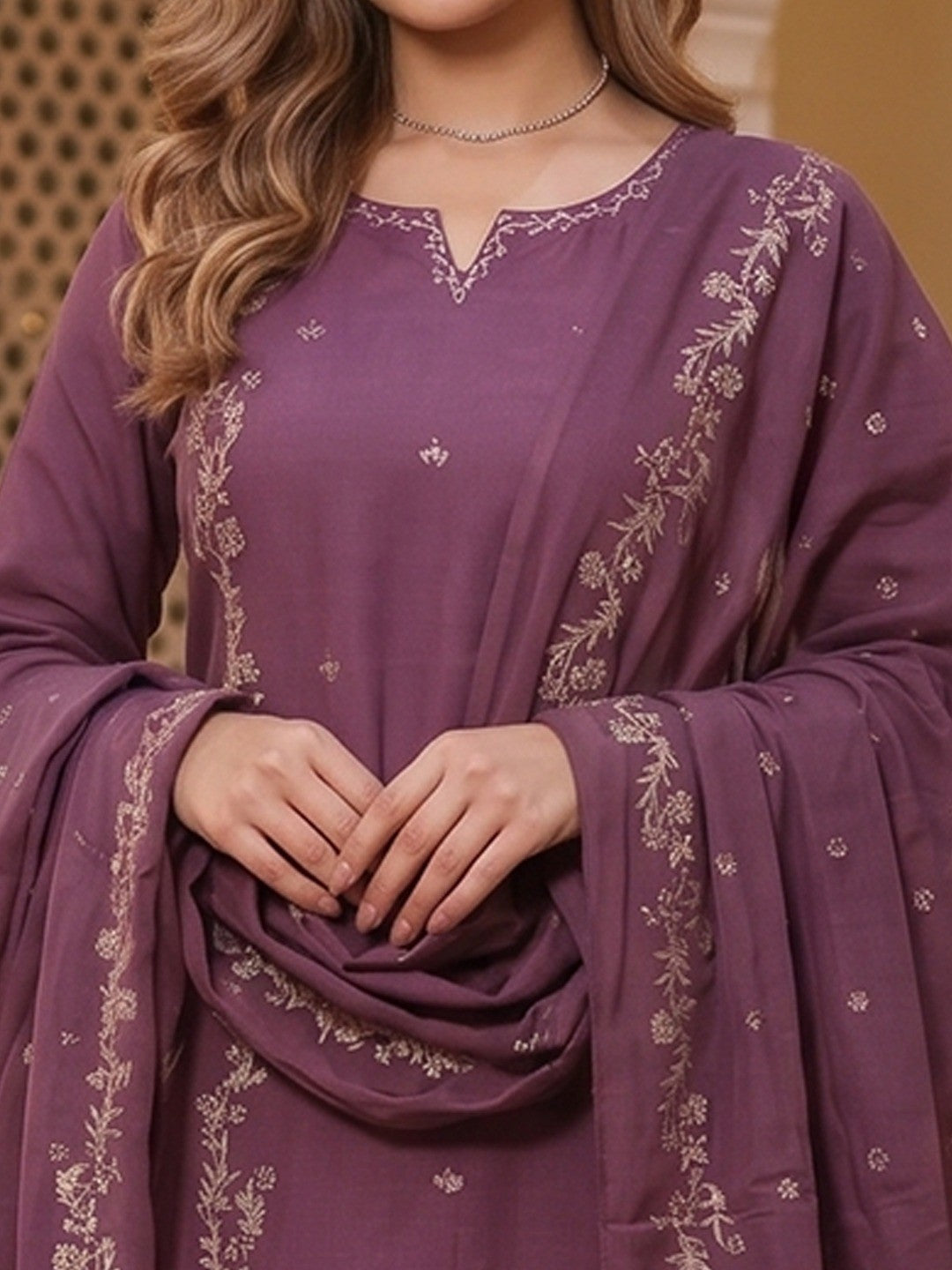 Wine Embroidered Pure Cotton Straight Cut Salwar Suit Set Festive Ethnic Wear - Image 3
