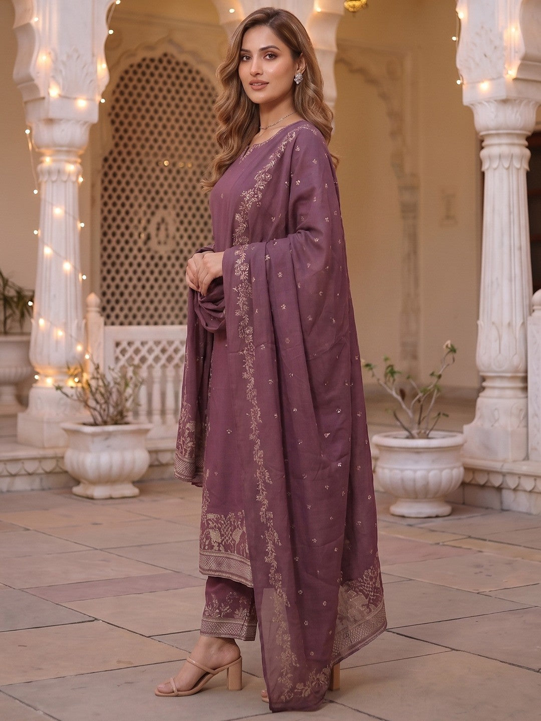 Wine Embroidered Pure Cotton Straight Cut Salwar Suit Set Festive Ethnic Wear - Image 2