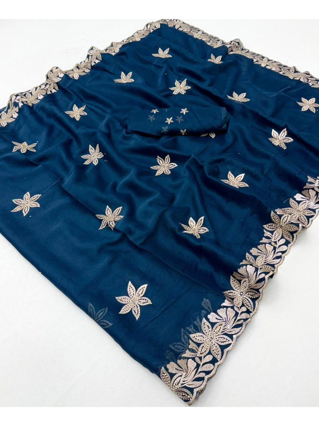 Designer Teal Georgette Saree with Star Embroidery Chic Party Outfit - Image 2