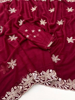 Elegant Red Georgette Saree with Delicate Star Thread Work Embroidery - Image 2