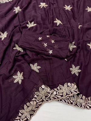 Designer Wine Georgette Saree with Star Embroidery Chic Party Outfit - Image 3