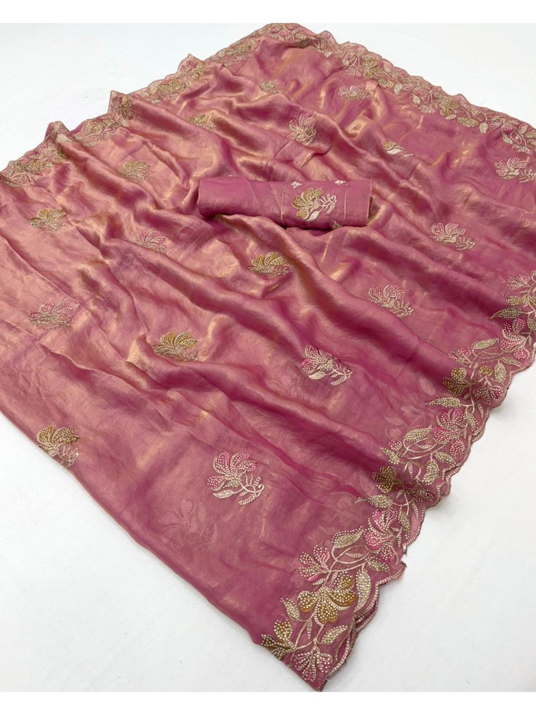 Elegant Pink Satin Embroidered Saree with Intricate Floral Motifs - Image 5