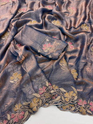 Elegant Dusty Blue Satin Embroidered Saree with Floral Details - Image 2