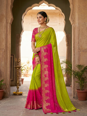 Stylish Multicolor Chinon Saree with Woven Zari Work Elegant Look - Image 1