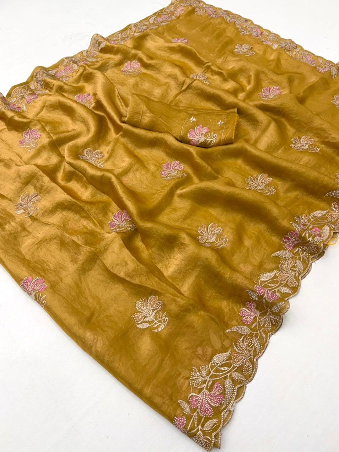 Mustard Satin Embroidered Saree with Floral Thread Work - Image 2