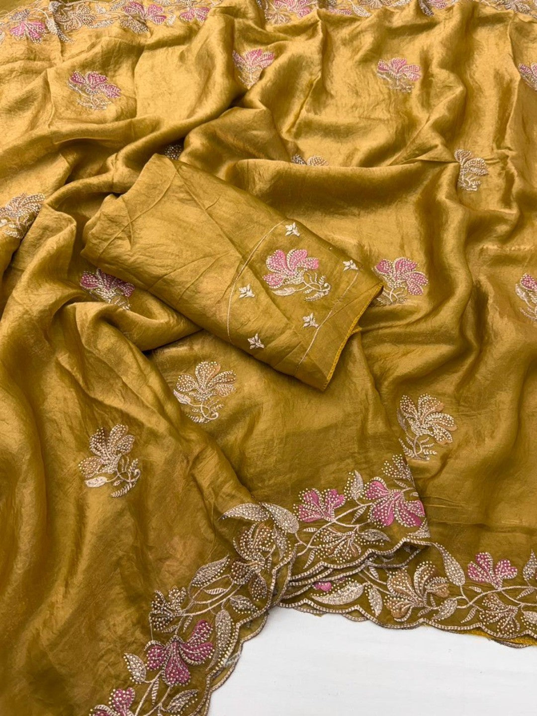 Mustard Satin Embroidered Saree with Floral Thread Work - Image 3