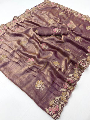 Elegant Mauve Satin Embroidered Saree with Floral Details - Image 2