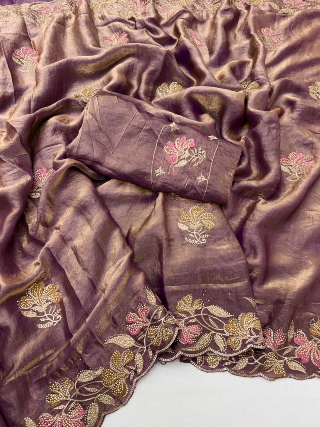 Elegant Mauve Satin Embroidered Saree with Floral Details - Image 3