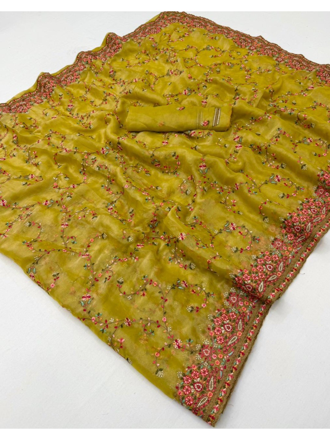 Mustard Georgette Saree with Intricate Floral Thread Work In kashmiri Style - Image 3