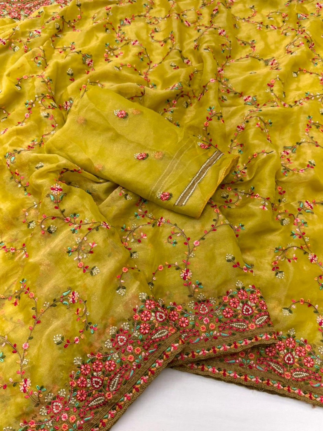Mustard Georgette Saree with Intricate Floral Thread Work In kashmiri Style - Image 2