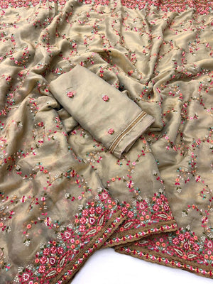 Elegant Beige Georgette Saree with Intricate Thread Work Embroidery - Image 2