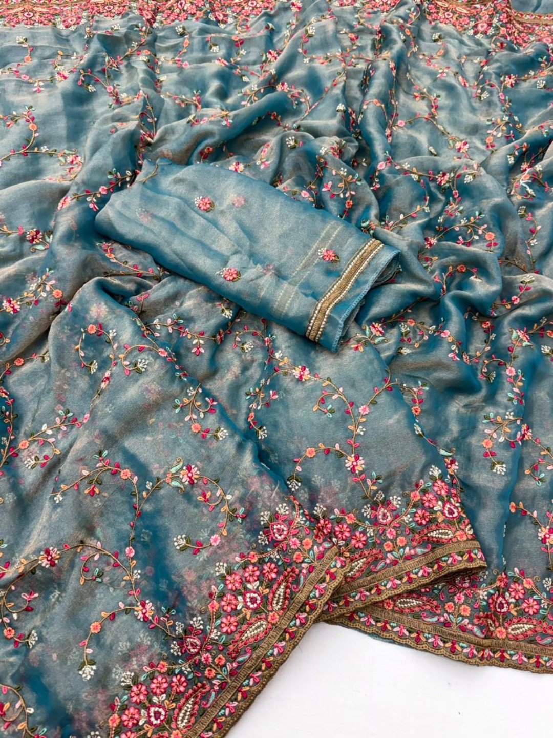 Elegant Rama Blue Georgette Saree with Intricate Thread Work in Kashmiri Style - Image 2