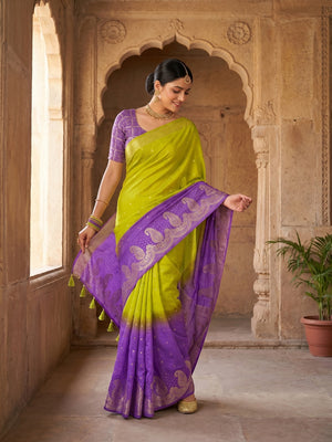 Chic Multicolor Chinon Saree with Zari Work Minimal Elegant Style - Image 1