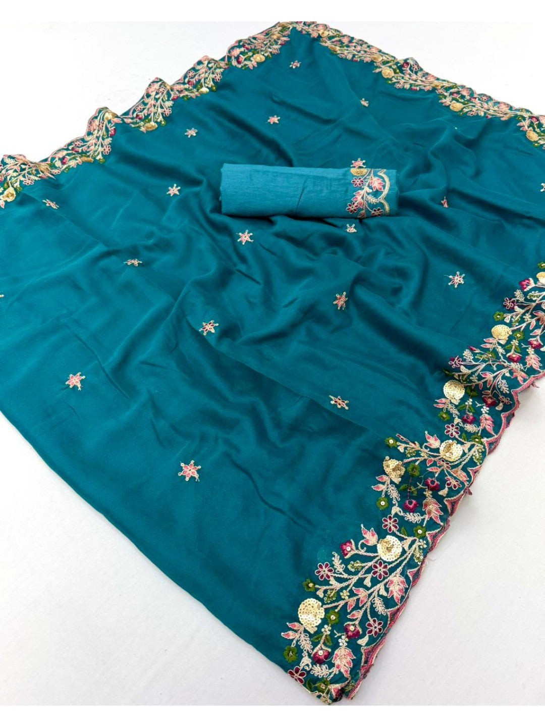 Teal Georgette Saree with Heavy Coding Sequins Embroidery Work - Image 3