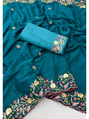 Teal Georgette Saree with Heavy Coding Sequins Embroidery Work - Image 2