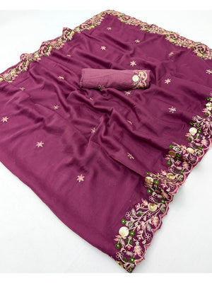 Magenta Georgette Saree with Heavy Coding Floral Thread Embroidery Work - Image 2