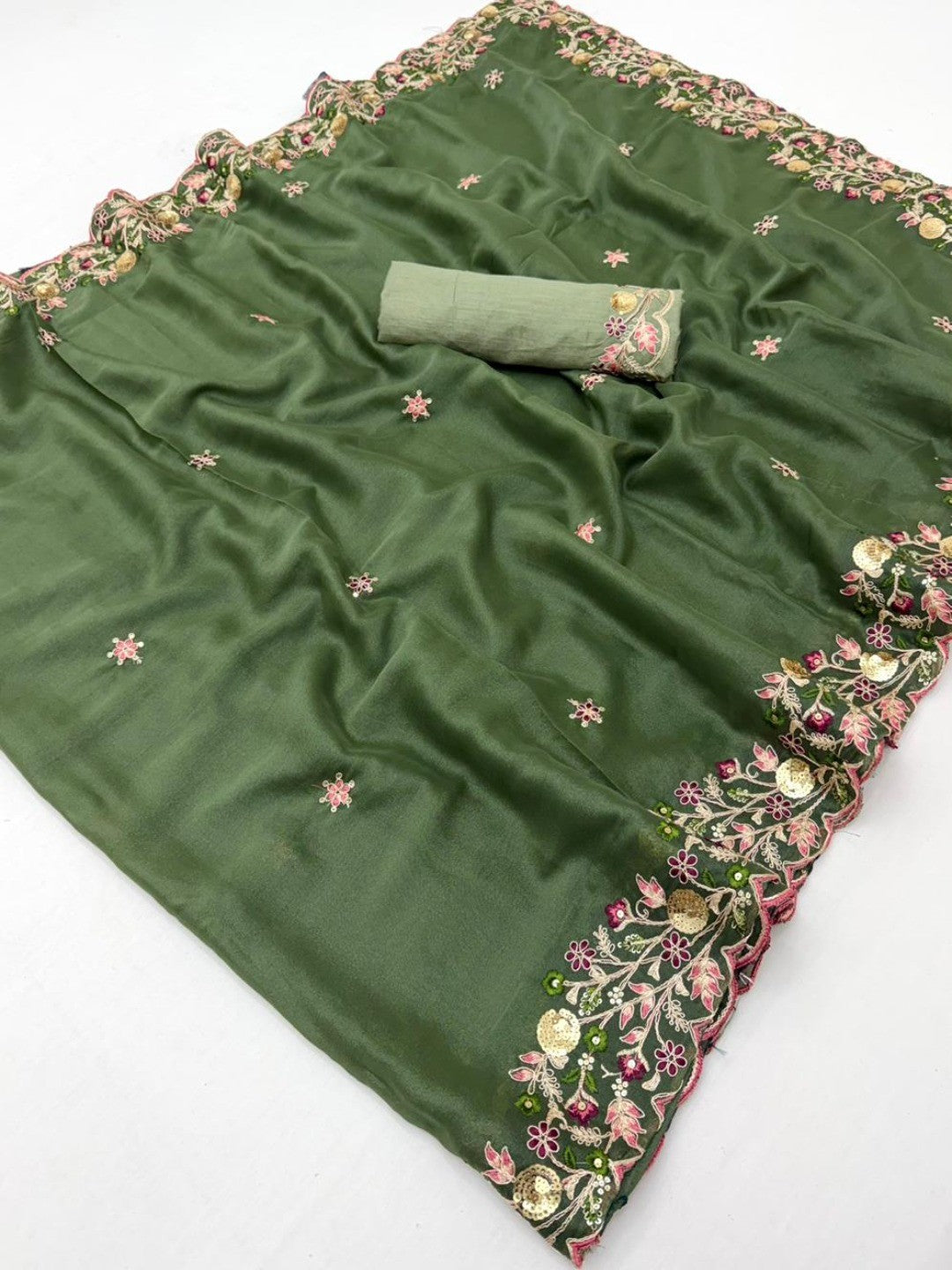 Olive Georgette Saree with Heavy Coding Floral Thread Embroidery Work - Image 2