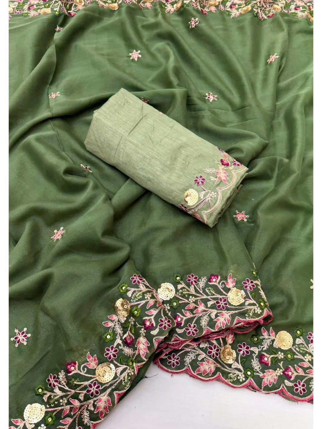 Olive Georgette Saree with Heavy Coding Floral Thread Embroidery Work - Image 3