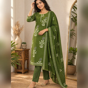 Green Cotton Blend Dress Material Designed With Beautiful Floral Prints - Image 1