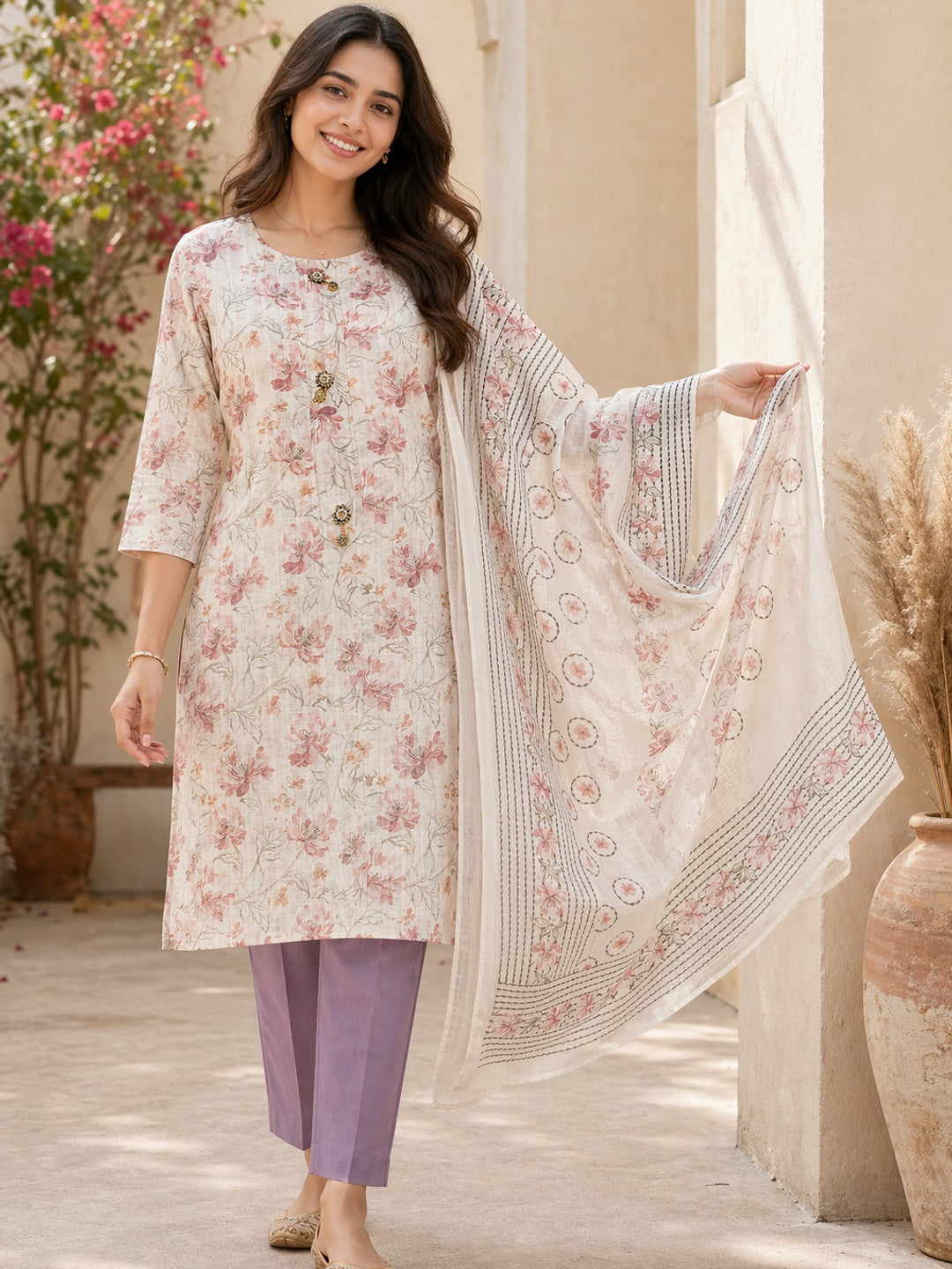 Cream Floral Printed Linen Dress Material - Image 3