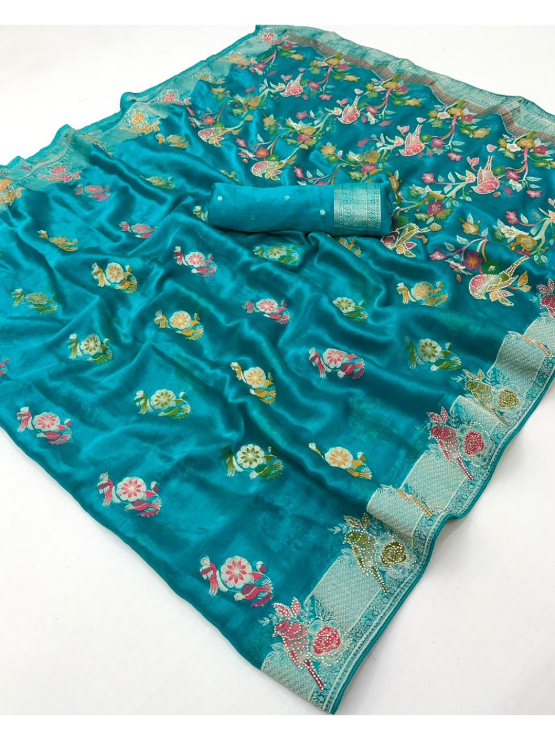 Rama Blue Chiffon Saree with Intricate Floral Embroidery and Zari Border - Image 3