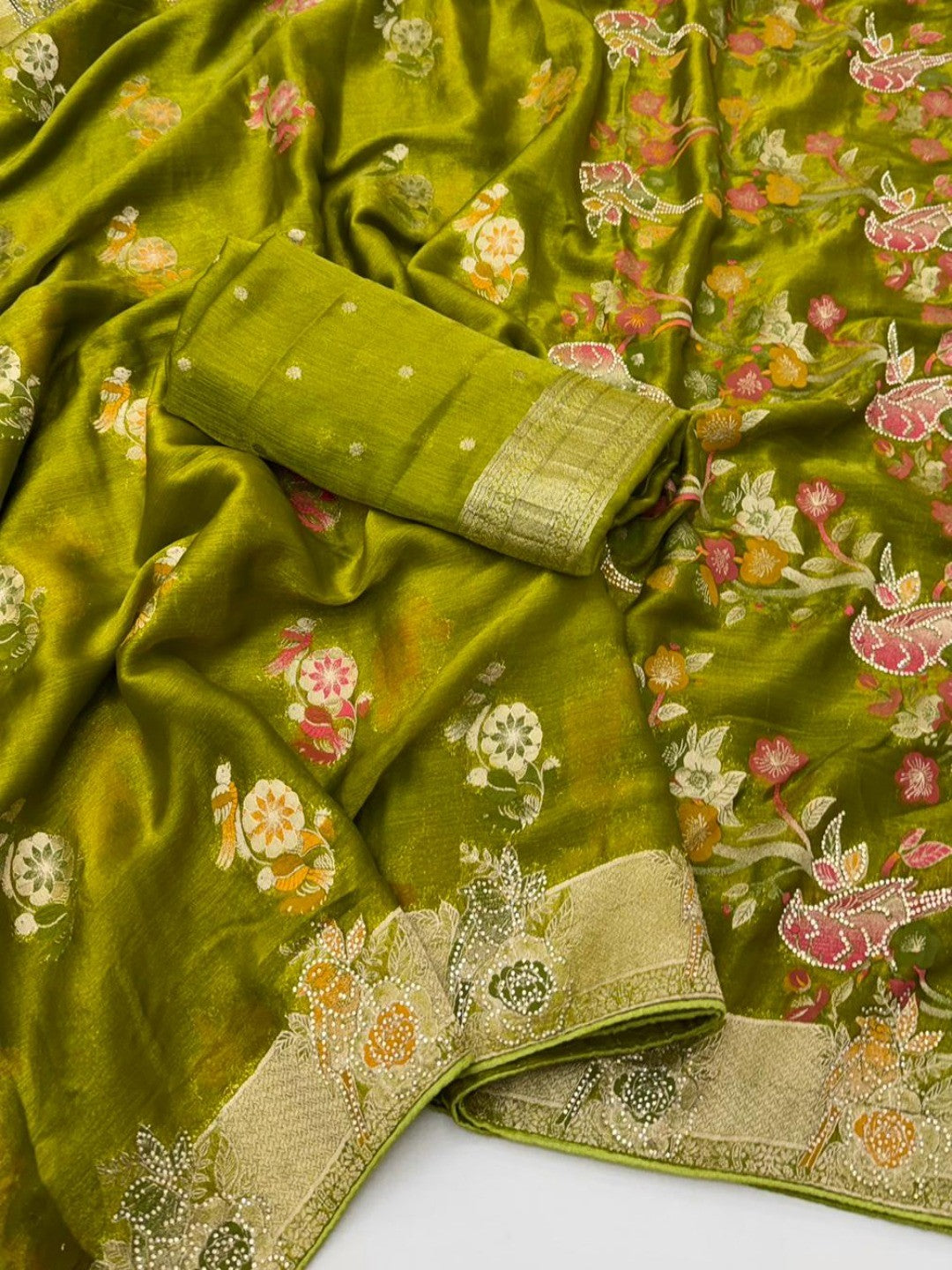 Green Chiffon Saree with Intricate Floral Weaving and Stone Work Elegant Party Wear - Image 3