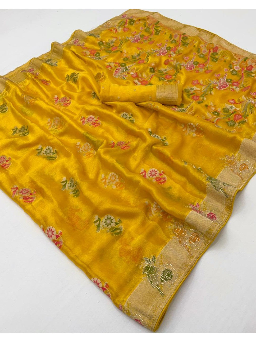 Yellow Chiffon Saree with Intricate Floral Weaving and Stone Work Elegant Party Wear - Image 2