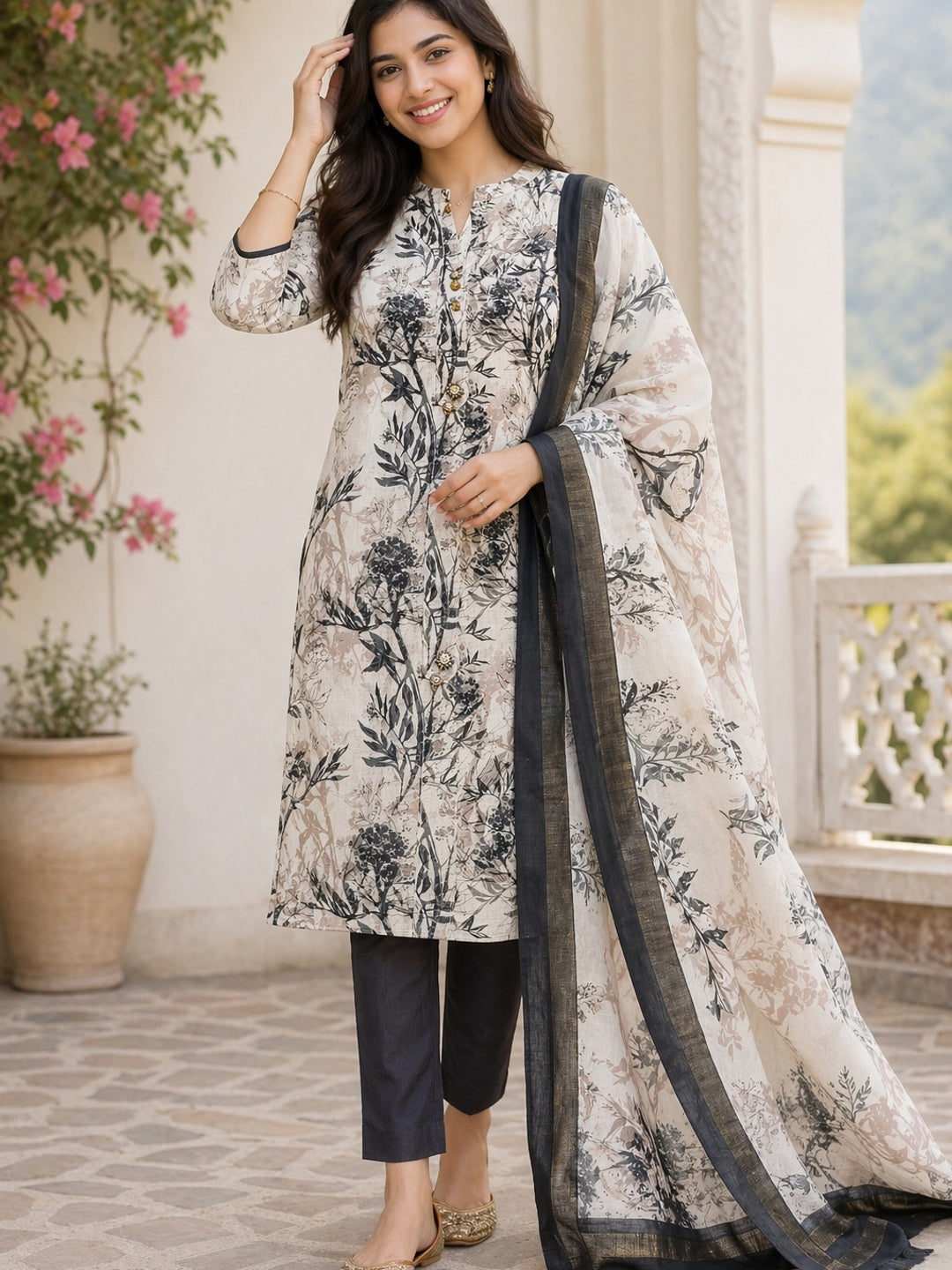 White Floral Printed Linen Dress Material - Image 1