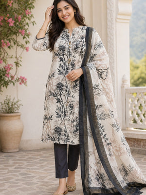 White Floral Printed Linen Dress Material - Image 1