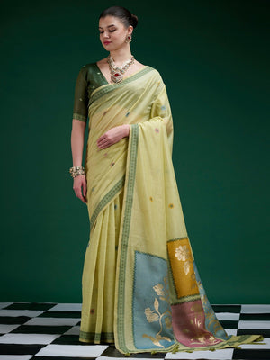 Designer Green Jamdani Cotton Silk Saree With Floral Zari Weaving & Tassel Pallu - Image 1