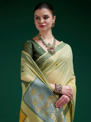 Designer Green Jamdani Cotton Silk Saree With Floral Zari Weaving & Tassel Pallu - Image 2