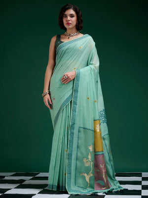 Designer Turquoise Jamdani Cotton Silk Saree With Floral Zari Weaving & Tassel Pallu - Image 1