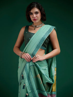 Designer Turquoise Jamdani Cotton Silk Saree With Floral Zari Weaving & Tassel Pallu - Image 2