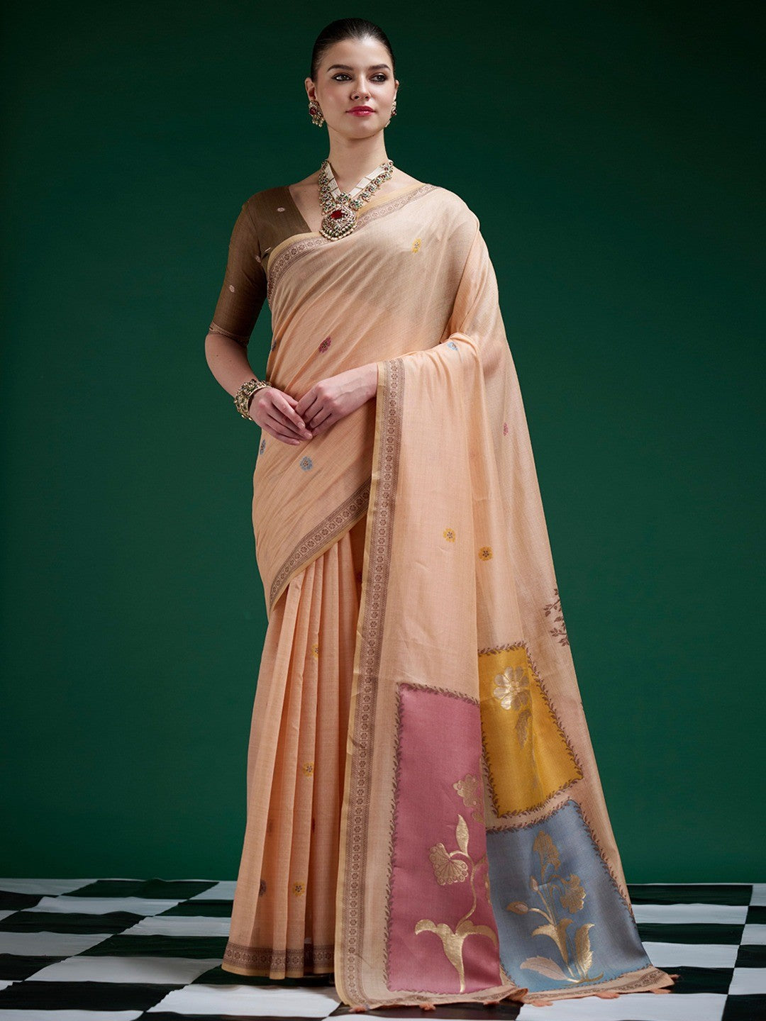 Designer Peach Jamdani Cotton Silk Saree With Floral Zari Weaving & Tassel Pallu - Image 1
