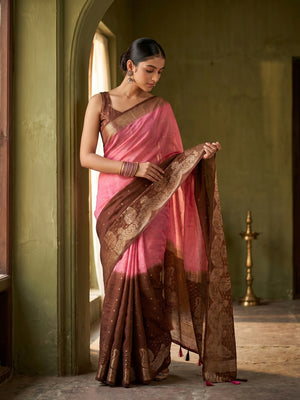 Chic Multicolor Chinon Saree with Zari Work Minimal Elegant Style - Image 1