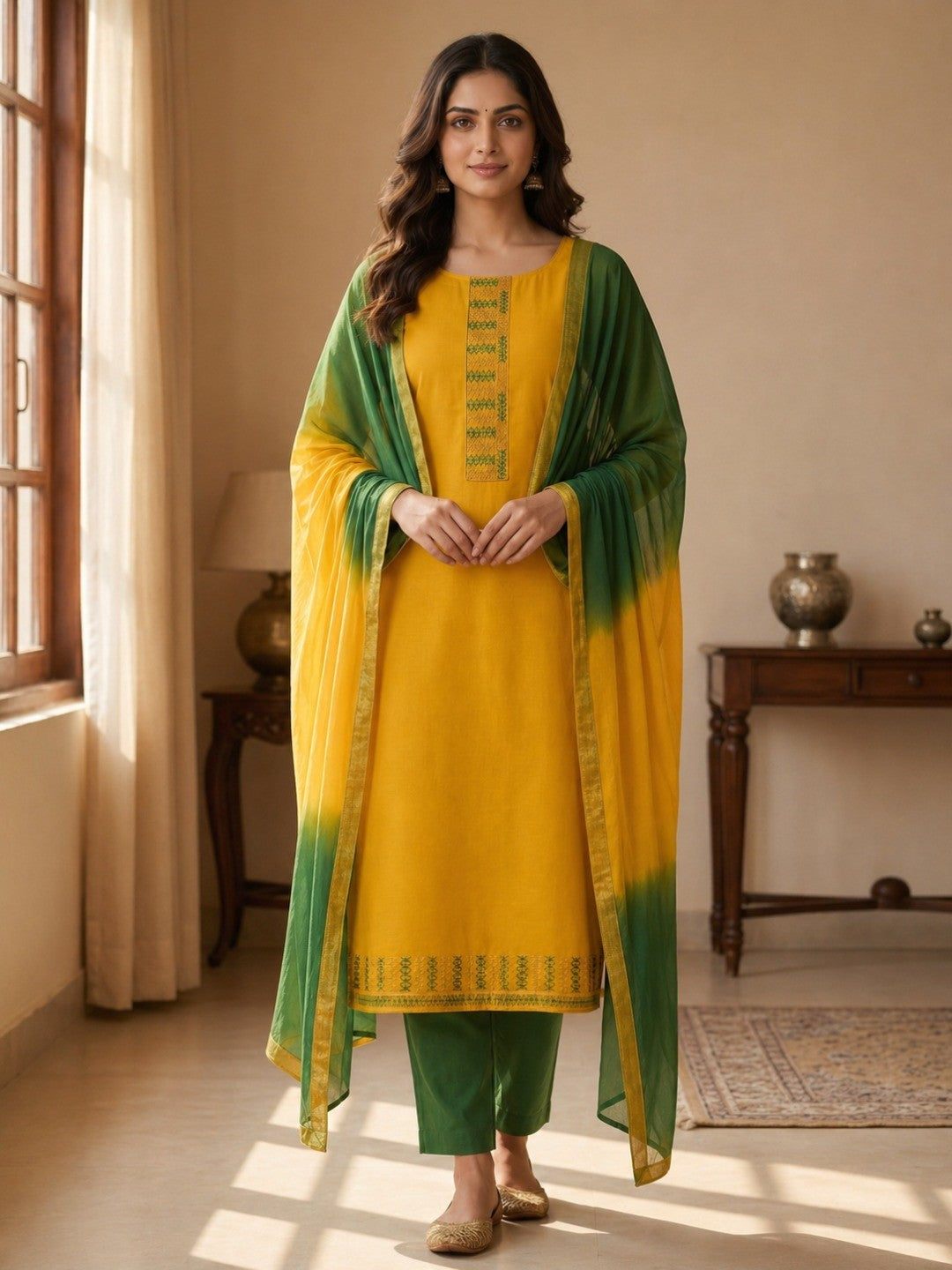 Yellow Cotton Blend Dress Material with Intricate Embroidered Yoke and Ombre-Shaded Dupatta - Image 1