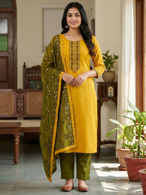 Elegant Yellow Cotton Blend Dress Material Adorned With Floral Embroidery & Delicate Sequins Work - Image 1