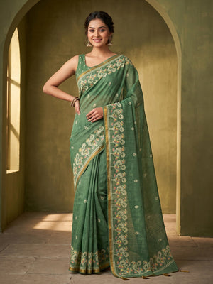 Elegant Green Linen Saree with Floral Border Print - Image 1
