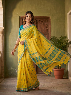 Elegant Yellow Linen Saree with Teal Border - Traditional Indian Wear - Image 1