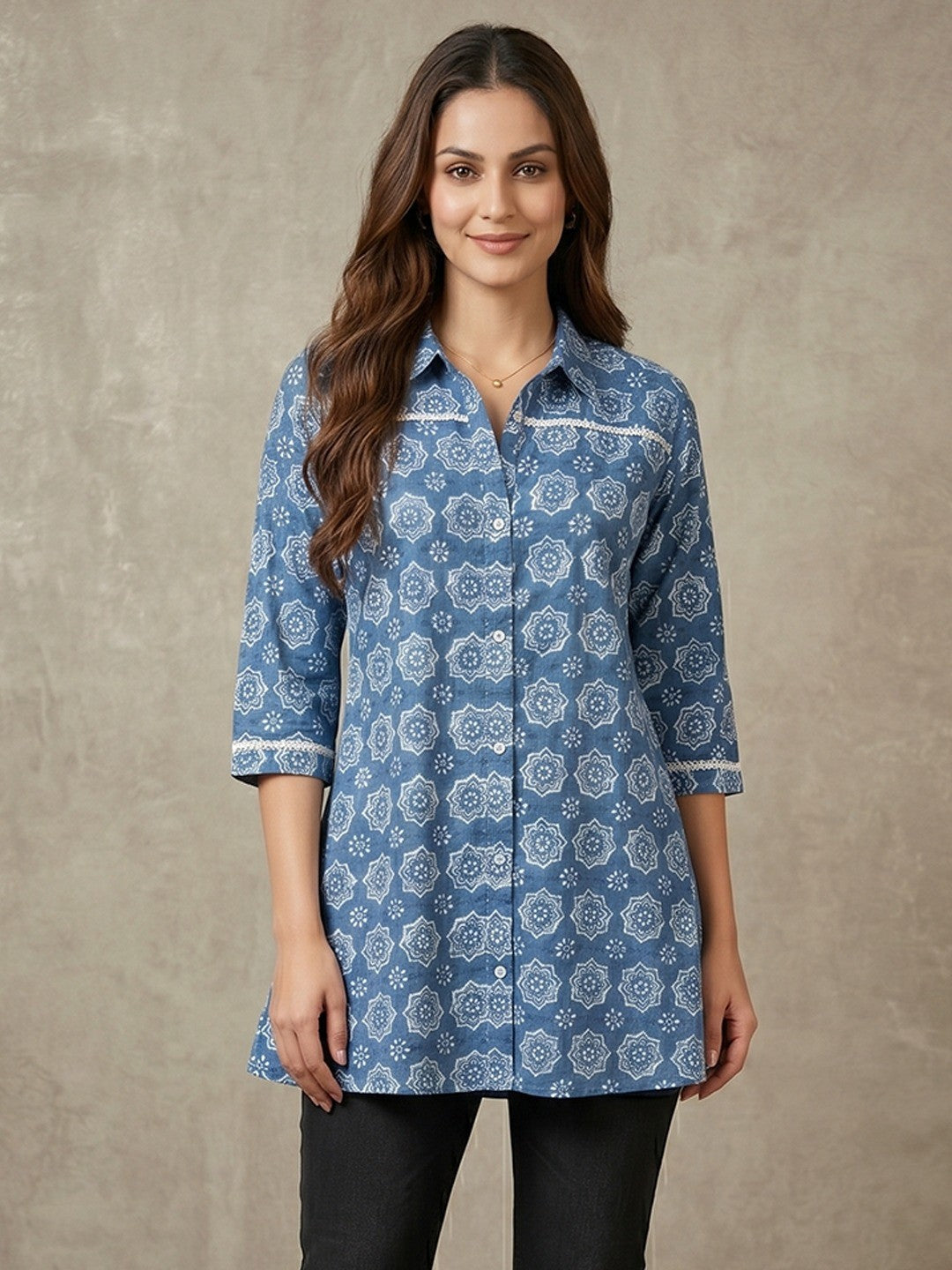 Geometric Printed Blue Pure Cotton Shirt Style Top - Image 1