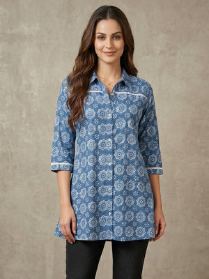 Geometric Printed Blue Pure Cotton Shirt Style Top - Image 1