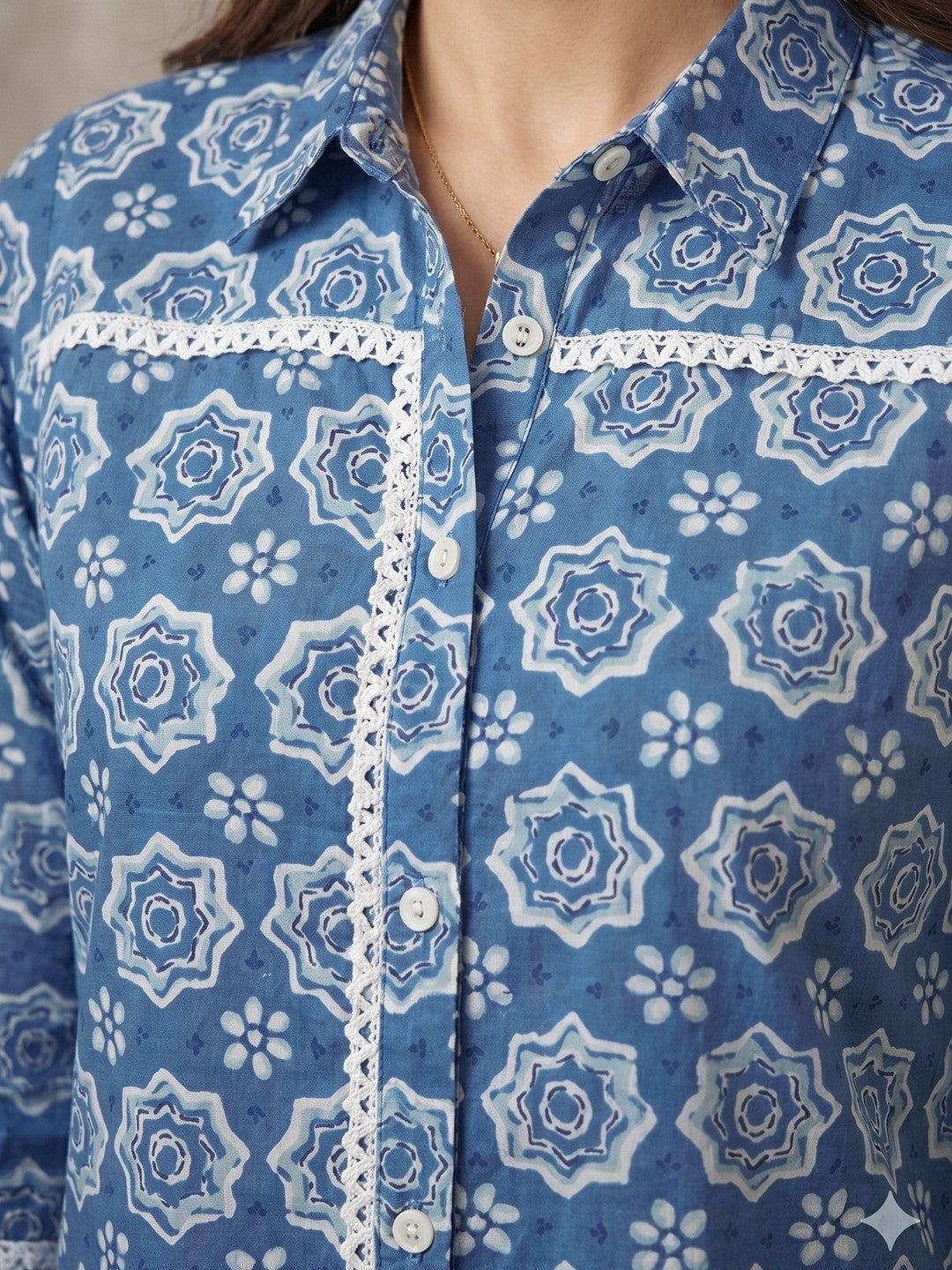 Geometric Printed Blue Pure Cotton Shirt Style Top - Image 5