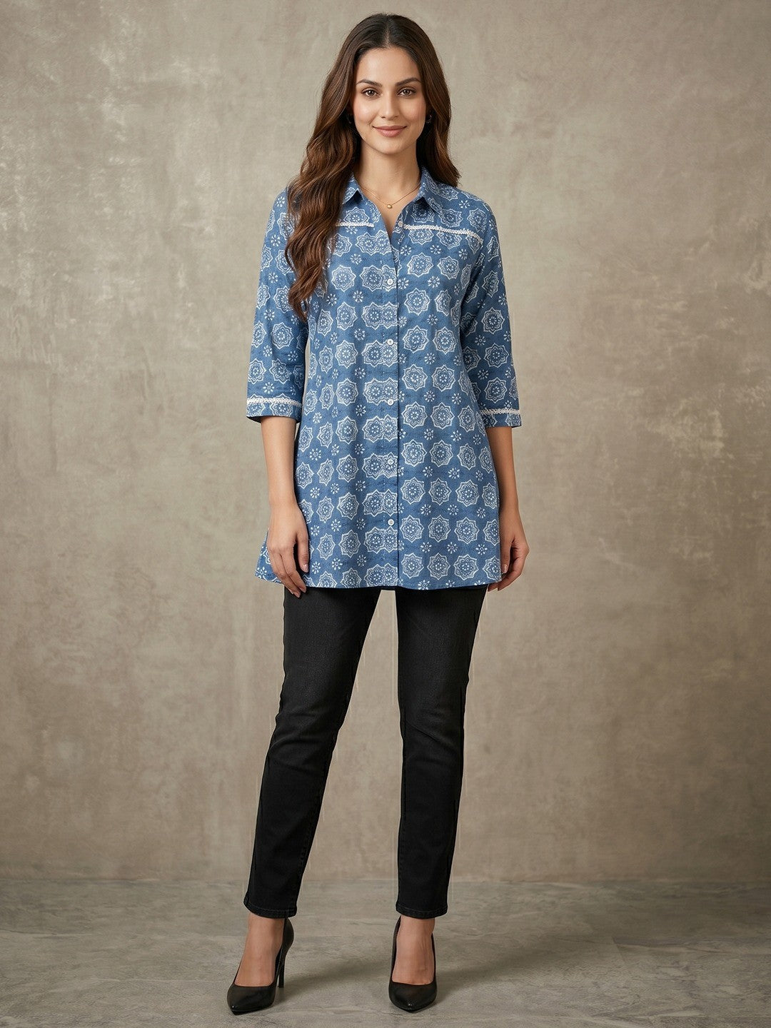 Geometric Printed Blue Pure Cotton Shirt Style Top - Image 4