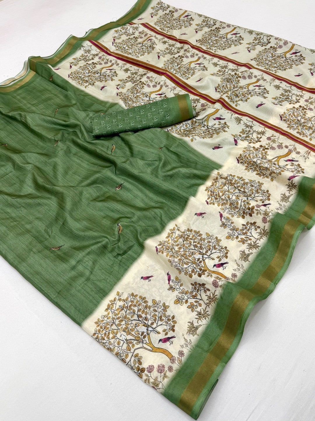 Green Digital Printed Dola Silk Saree with Zari Border Lightweight Festive Wear - Image 3
