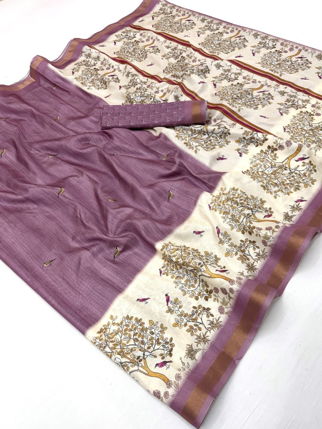 Elegant Purple Digital Printed Dola Silk Saree with Zari Border - Image 3