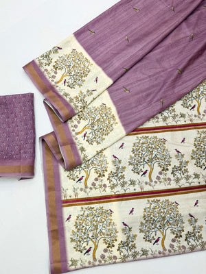 Elegant Purple Digital Printed Dola Silk Saree with Zari Border - Image 2