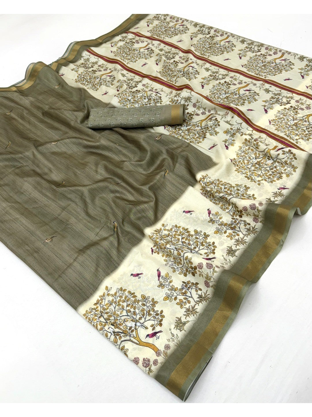 Olive Digital Printed Dola Silk Saree with Zari Border - Image 3